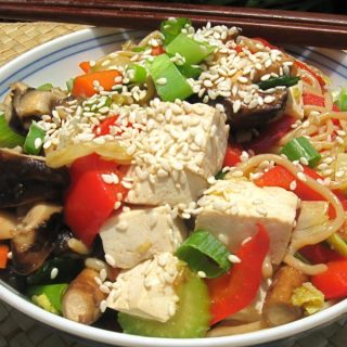 A bowl of Asian Noodles with tofu and sesame seeds.