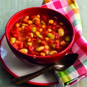 Tomato Corn Green Lima and Okra Soup in a bowl. Photo by Deborah Whitlaw Llewellyn